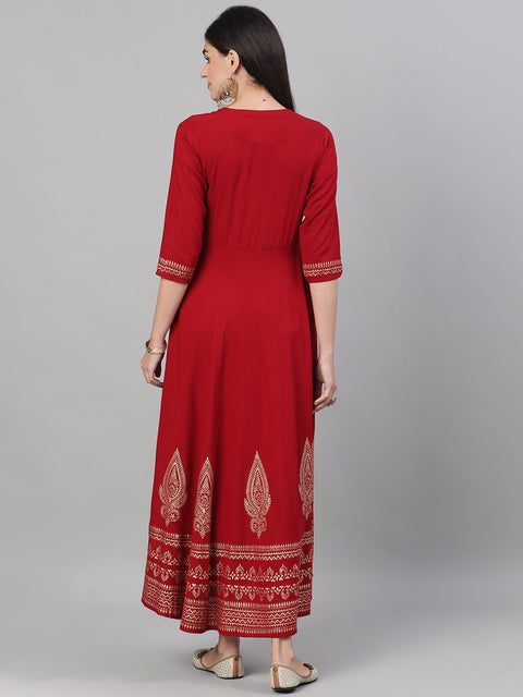 Women Maroon Block Printed Viscose Rayon Maxi Dress with pockets