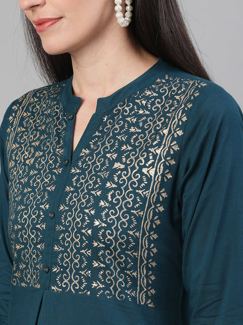 Women Lavender Calf Length Three-Quarter Sleeves Straight Floral Printed Cotton Kurta Set With Face Mask