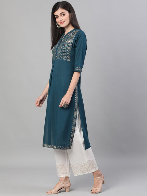 Women Lavender Calf Length Three-Quarter Sleeves Straight Floral Printed Cotton Kurta Set With Face Mask