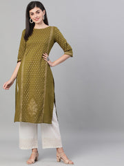 Women Blue Calf Length Three-Quarter Sleeves Straight Ethnic Motif Printed Cotton Kurta Set with pockets