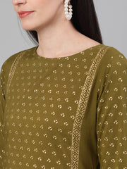 Women Blue Calf Length Three-Quarter Sleeves Straight Ethnic Motif Printed Cotton Kurta Set with pockets