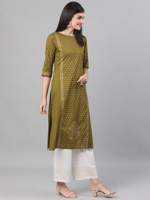 Women Blue Calf Length Three-Quarter Sleeves Straight Ethnic Motif Printed Cotton Kurta Set with pockets