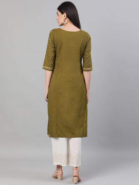 Women Blue Calf Length Three-Quarter Sleeves Straight Ethnic Motif Printed Cotton Kurta Set with pockets