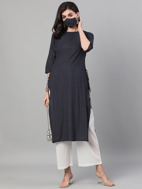 Women Maroon Calf Length Three-Quarter Sleeves Straight Ethnic Motif Printed Cotton Kurta with pockets And Face Mask