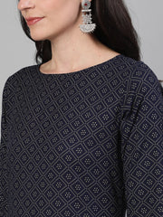 Women Maroon Calf Length Three-Quarter Sleeves Straight Ethnic Motif Printed Cotton Kurta with pockets And Face Mask