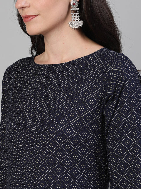 Women Maroon Calf Length Three-Quarter Sleeves Straight Ethnic Motif Printed Cotton Kurta with pockets And Face Mask