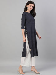 Women Maroon Calf Length Three-Quarter Sleeves Straight Ethnic Motif Printed Cotton Kurta with pockets And Face Mask