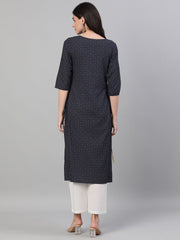 Women Maroon Calf Length Three-Quarter Sleeves Straight Ethnic Motif Printed Cotton Kurta with pockets And Face Mask