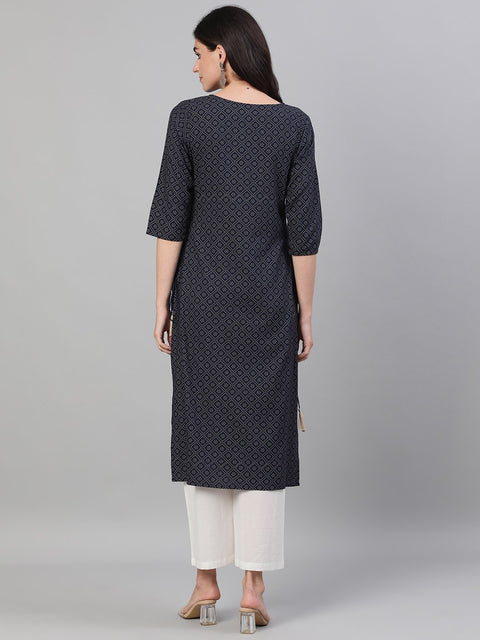 Women Maroon Calf Length Three-Quarter Sleeves Straight Ethnic Motif Printed Cotton Kurta with pockets And Face Mask