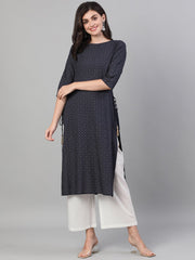 Women Maroon Calf Length Three-Quarter Sleeves Straight Ethnic Motif Printed Cotton Kurta with pockets And Face Mask