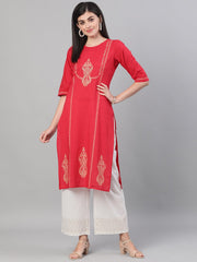 Women Red and White Three-Quarter Sleeves Block Printed Straight Kurta With Palazzo and pockets