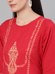 Women Red and White Three-Quarter Sleeves Block Printed Straight Kurta With Palazzo and pockets