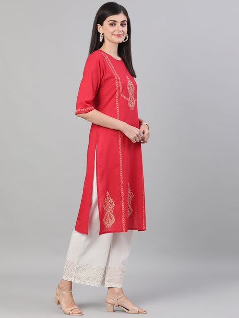Women Red and White Three-Quarter Sleeves Block Printed Straight Kurta With Palazzo and pockets