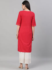 Women Red and White Three-Quarter Sleeves Block Printed Straight Kurta With Palazzo and pockets