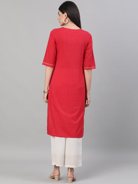 Women Red and White Three-Quarter Sleeves Block Printed Straight Kurta With Palazzo and pockets