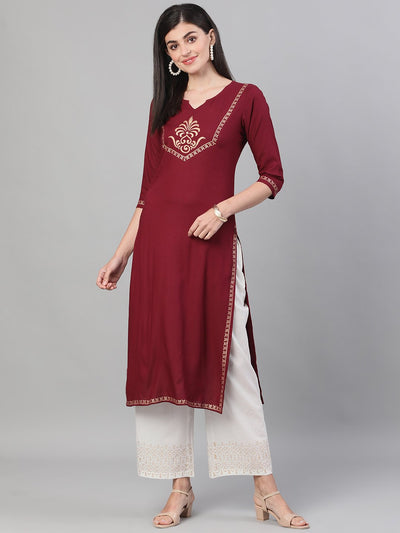 Women Burgundy and White Three-Quarter Sleeves Block Printed Straight Kurta With Palazzo and pockets