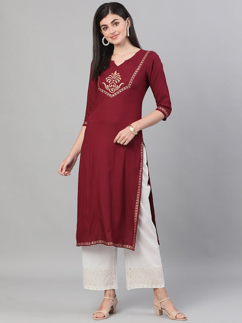 Women Burgundy and White Three-Quarter Sleeves Block Printed Straight Kurta With Palazzo and pockets
