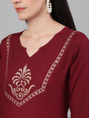 Women Burgundy and White Three-Quarter Sleeves Block Printed Straight Kurta With Palazzo and pockets