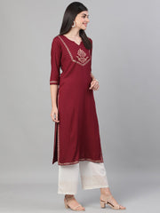 Women Burgundy and White Three-Quarter Sleeves Block Printed Straight Kurta With Palazzo and pockets