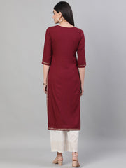 Women Burgundy and White Three-Quarter Sleeves Block Printed Straight Kurta With Palazzo and pockets