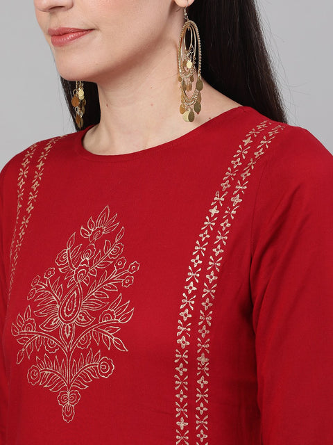 Women Maroon Three-Quarter Sleeves Block Printed Straight Kurta With Palazzo and pockets