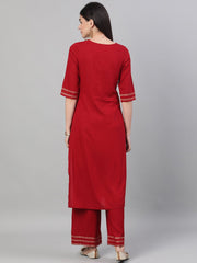 Women Maroon Three-Quarter Sleeves Block Printed Straight Kurta With Palazzo and pockets