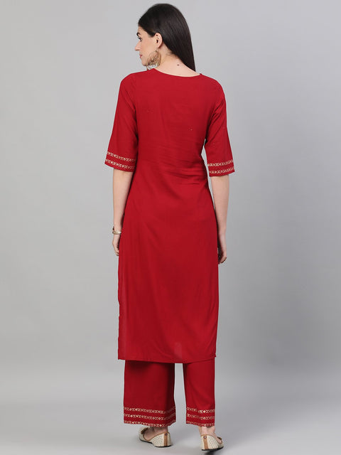 Women Maroon Three-Quarter Sleeves Block Printed Straight Kurta With Palazzo and pockets