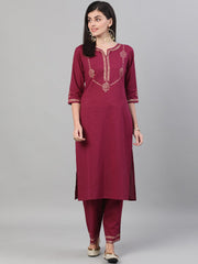 Women Wine Three-Quarter Sleeves Block Printed Straight Kurta With Palazzo and pockets