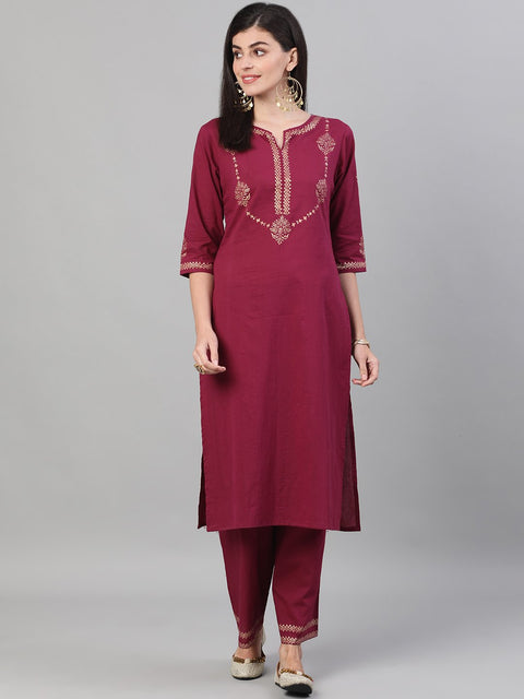 Women Wine Three-Quarter Sleeves Block Printed Straight Kurta With Palazzo and pockets