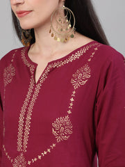 Women Wine Three-Quarter Sleeves Block Printed Straight Kurta With Palazzo and pockets