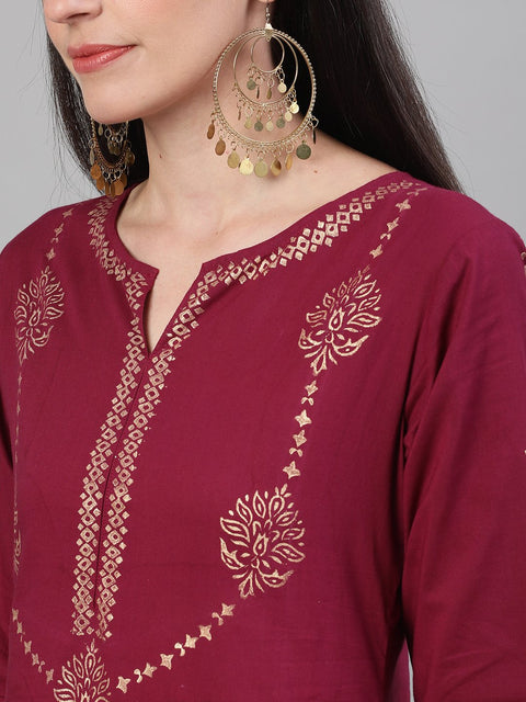 Women Wine Three-Quarter Sleeves Block Printed Straight Kurta With Palazzo and pockets