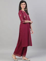 Women Wine Three-Quarter Sleeves Block Printed Straight Kurta With Palazzo and pockets