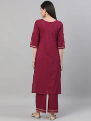 Women Wine Three-Quarter Sleeves Block Printed Straight Kurta With Palazzo and pockets