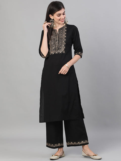 Women Black Three-Quarter Sleeves Block Printed Straight Kurta With Palazzo and pockets