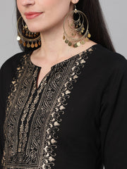 Women Black Three-Quarter Sleeves Block Printed Straight Kurta With Palazzo and pockets
