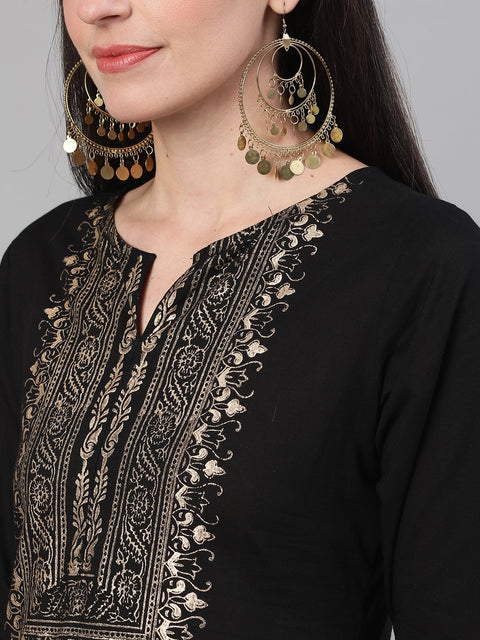 Women Black Three-Quarter Sleeves Block Printed Straight Kurta With Palazzo and pockets