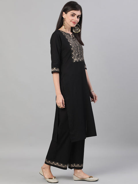 Women Black Three-Quarter Sleeves Block Printed Straight Kurta With Palazzo and pockets