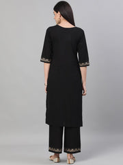 Women Black Three-Quarter Sleeves Block Printed Straight Kurta With Palazzo and pockets