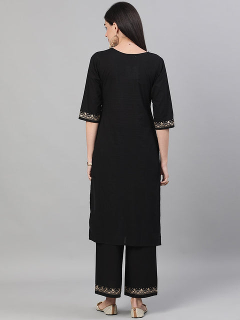 Women Black Three-Quarter Sleeves Block Printed Straight Kurta With Palazzo and pockets