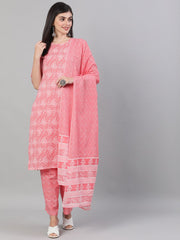 Women Pink Three-Quarter Sleeves Ethnic Motif Printed Straight Kurta-Palazzo with pockets and Dupatta