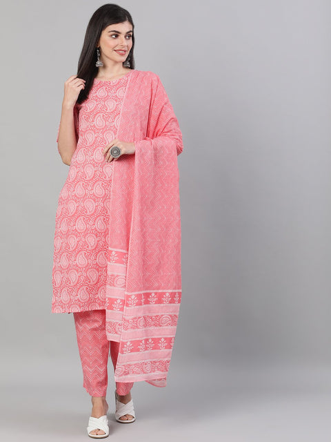 Women Pink Three-Quarter Sleeves Ethnic Motif Printed Straight Kurta-Palazzo with pockets and Dupatta