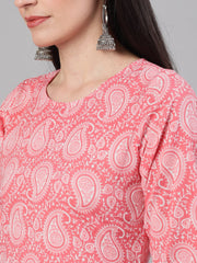 Women Pink Three-Quarter Sleeves Ethnic Motif Printed Straight Kurta-Palazzo with pockets and Dupatta