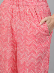 Women Pink Three-Quarter Sleeves Ethnic Motif Printed Straight Kurta-Palazzo with pockets and Dupatta