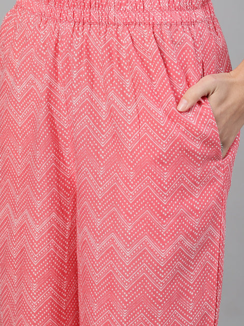 Women Pink Three-Quarter Sleeves Ethnic Motif Printed Straight Kurta-Palazzo with pockets and Dupatta