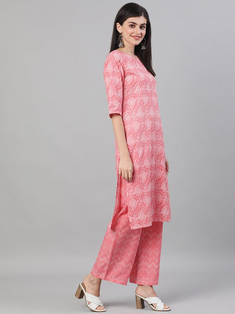 Women Pink Three-Quarter Sleeves Ethnic Motif Printed Straight Kurta-Palazzo with pockets and Dupatta