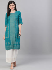 Women Rama Green and White Three-Quarter Sleeves Block Printed Straight Kurta With Palazzo and pockets