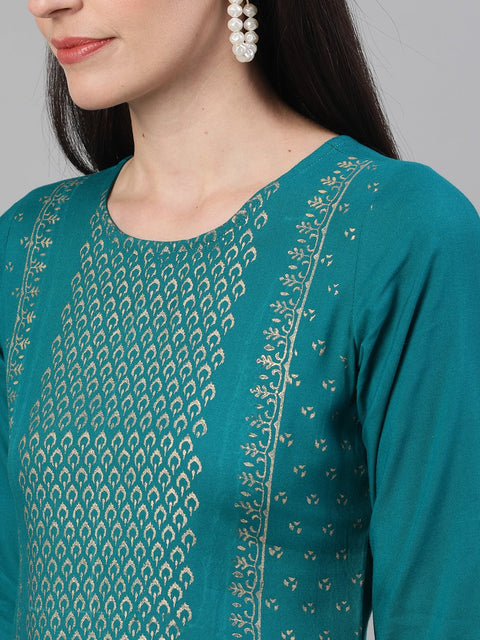 Women Rama Green and White Three-Quarter Sleeves Block Printed Straight Kurta With Palazzo and pockets