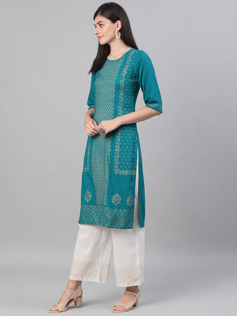 Women Rama Green and White Three-Quarter Sleeves Block Printed Straight Kurta With Palazzo and pockets