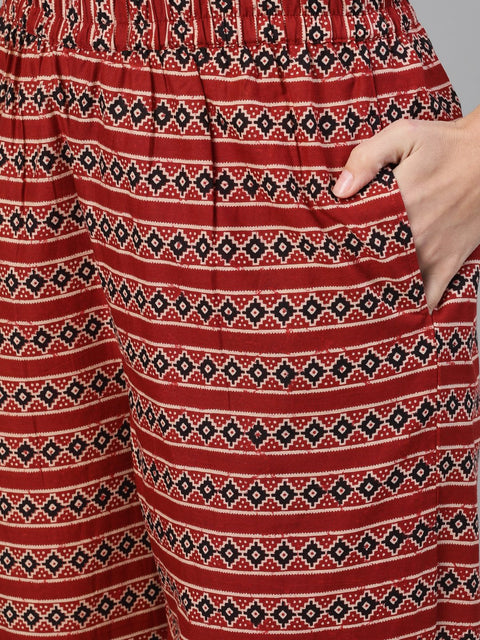 Women Maroon and Black Three-Quarter Sleeves Printed Kurta-Palazzo with pockets Dupatta and Fask Mask