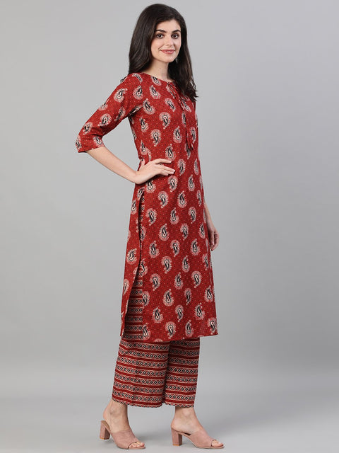 Women Maroon and Black Three-Quarter Sleeves Printed Kurta-Palazzo with pockets Dupatta and Fask Mask